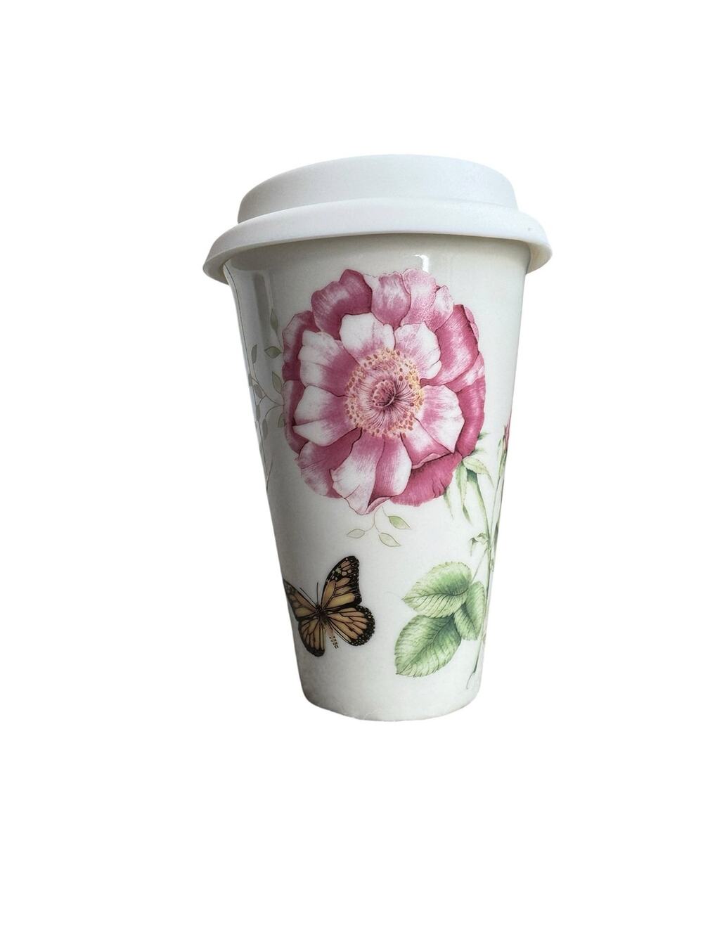 Lenox Butterfly Meadow Travel Mug Cup Lid Floral Butterfly Bee Ceramic 10 Oz